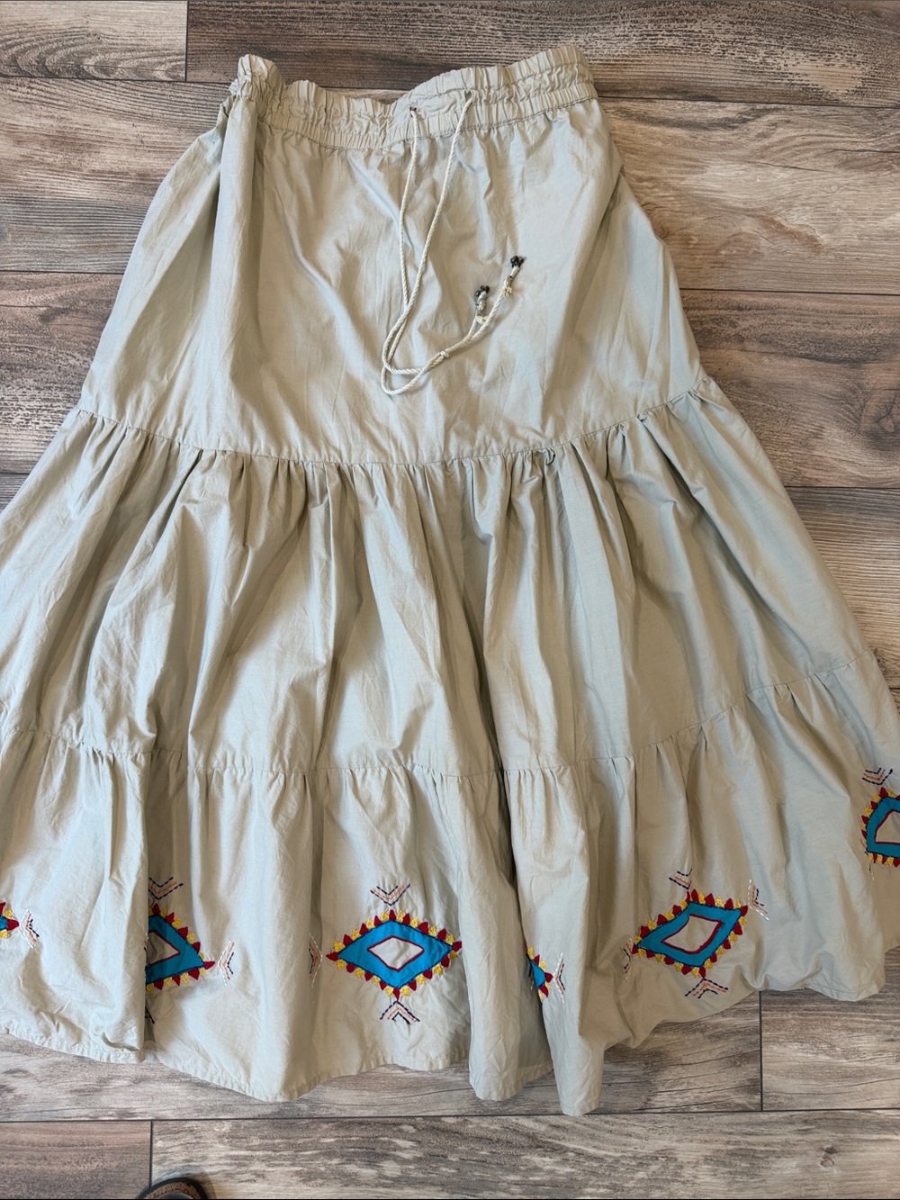 Vintage Forage Country Boho Embroidered Maxi Skirt Drawstring Cotton Festival M